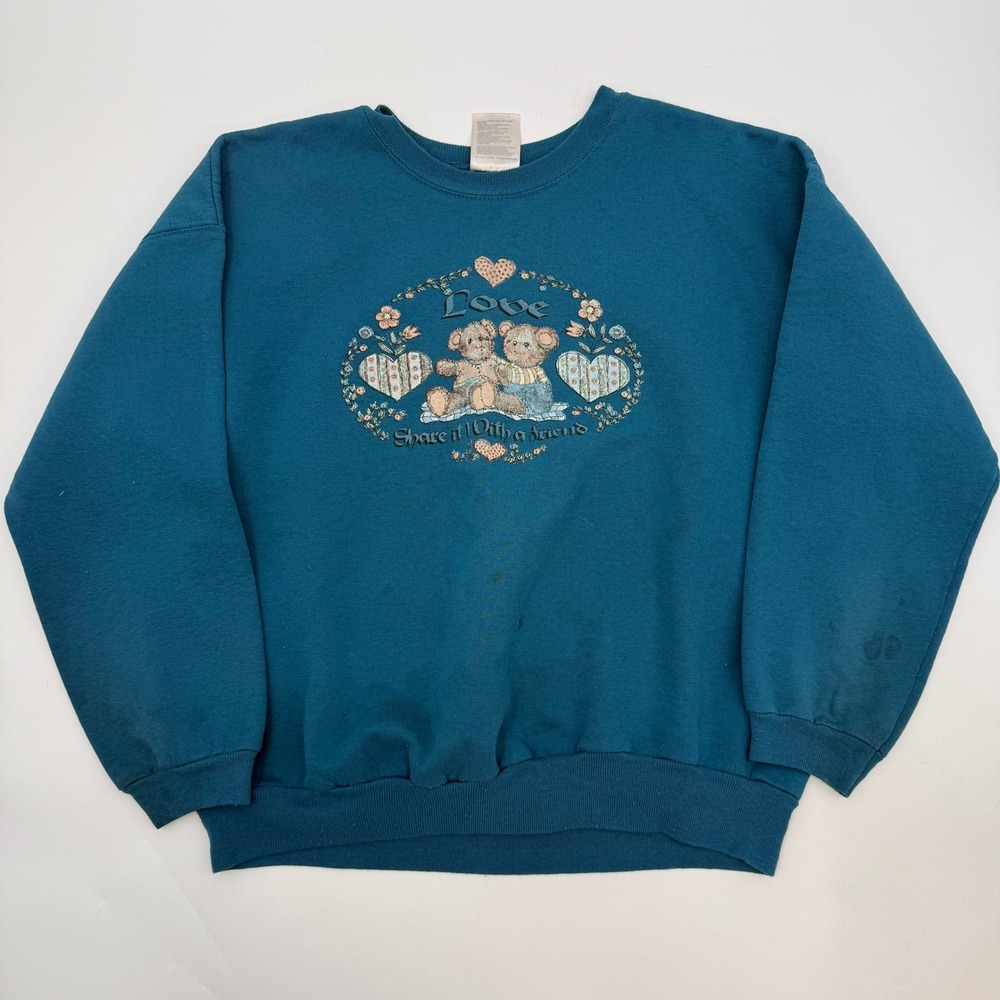 Hanes Her Way Women Large Sweatshirt Teal Blue Vintage Teddy Bear Love Graphic